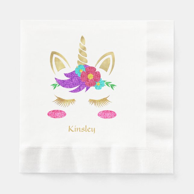 Pretty Pink & Purple Unicorn Personalised Birthday Napkin (Front)