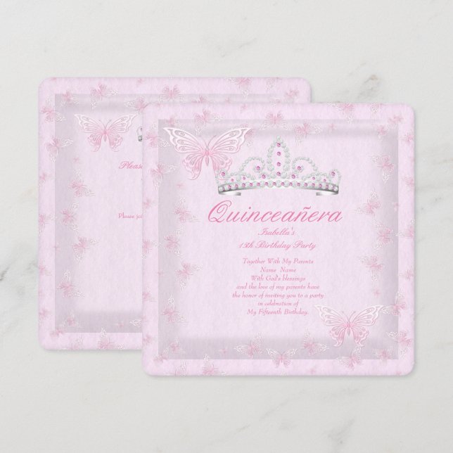 Pretty Pink Quinceanera Party Tiara Butterflies 2 Invitation (Front/Back)