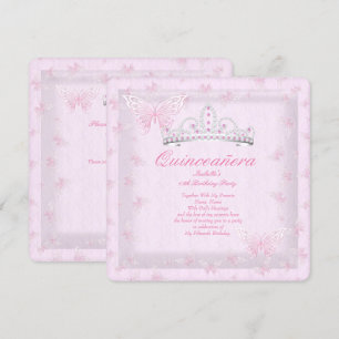 Pretty Pink Quinceanera Party Tiara Butterflies 2 Invitation