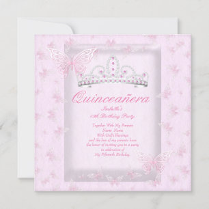 Pretty Pink Quinceanera Party Tiara Butterflies Invitation