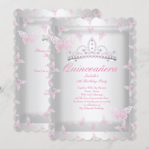 Pretty Pink Quinceanera Party Tiara Butterfly Invitation