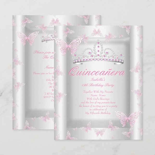 Pretty Pink Quinceanera Party Tiara Butterfly Invitation (Front/Back)