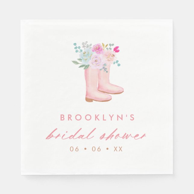 Pretty Pink Rain Boots & Flowers Bridal Shower Napkin (Front)