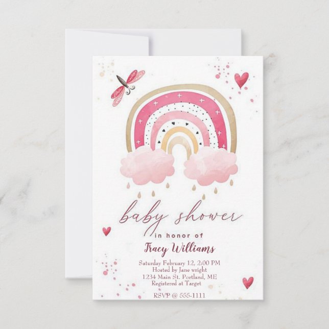Pretty pink rainbow baby shower invitation (Front)