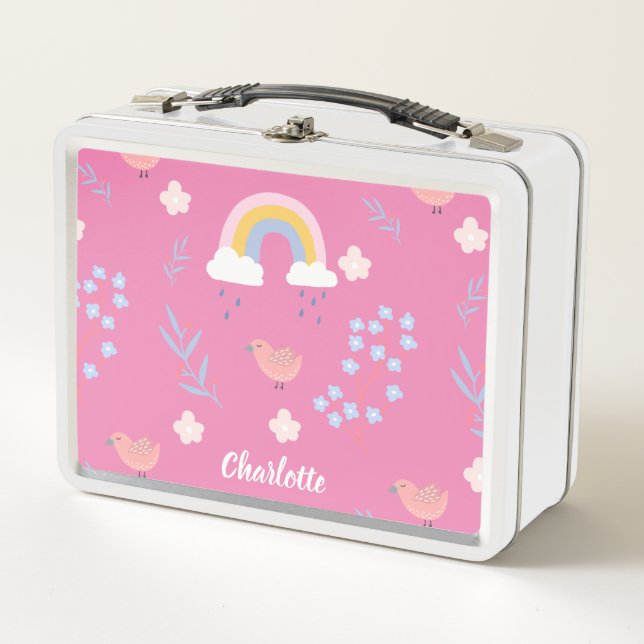 Pretty Pink Rainbow Bird Girly School Metal Lunch Box (Front)