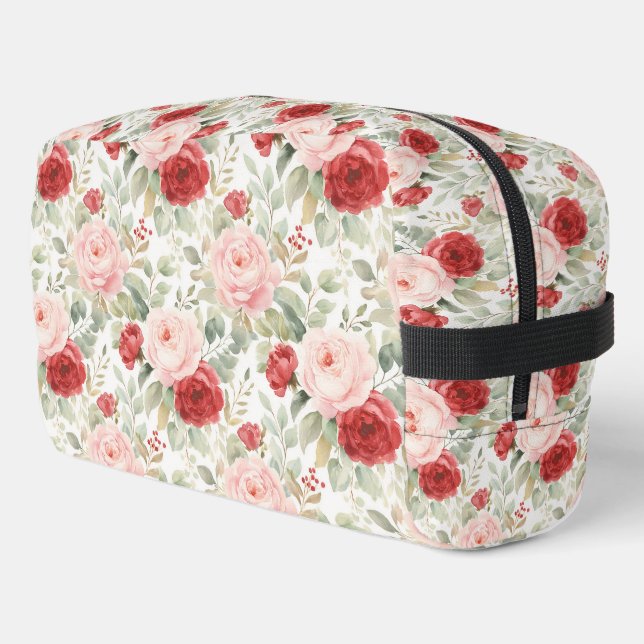 Pretty Pink Red Flowers Dopp Kit (Left Corner)