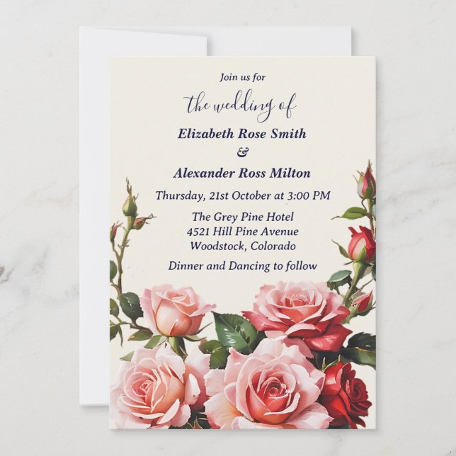 Pretty pink red roses wedding invitation (Front)