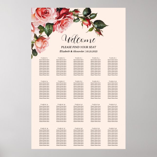 Pretty pink red roses wedding seating chart (Front)