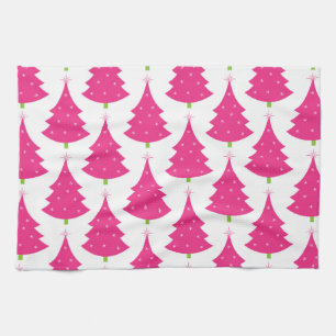 Pretty Pink Retro Christmas Tree Pattern Tea Towel