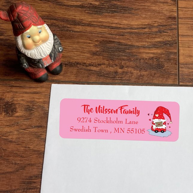 Pretty pink return address labels with red gnome . (Creator Uploaded)