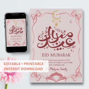 Pretty Pink Ribbon and Crescent Eid Mubarak Card