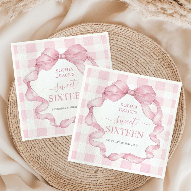 Pretty Pink Ribbon Bows Sweet Sixteen 16 Birthday Napkin (Creator Uploaded)