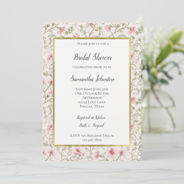 Pretty Pink Romantic Floral Bridal Shower Invitation (Standing Front)