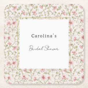 Pretty Pink Romantic Floral Bridal Shower Square Paper Coaster