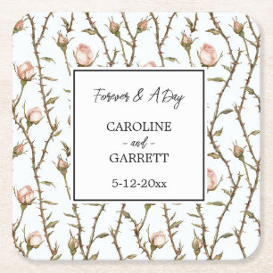 Pretty Pink Romantic Floral Wedding Square Paper Coaster