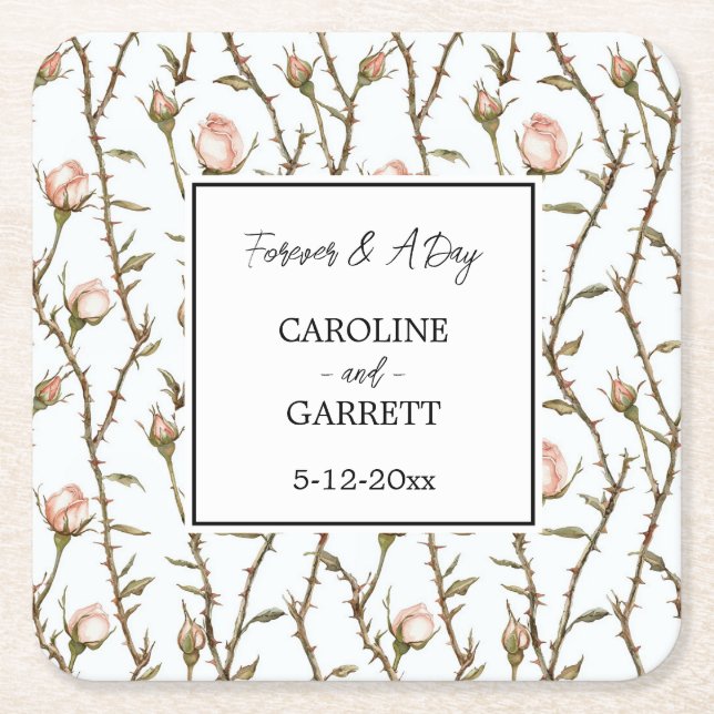 Pretty Pink Romantic Floral Wedding Square Paper Coaster (Front)