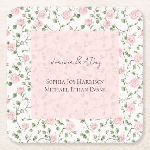 Pretty Pink Romantic Roses Floral Wedding Square Paper Coaster