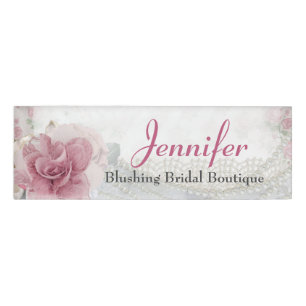 Pretty Pink Rose and Pearls Employee Name Tag