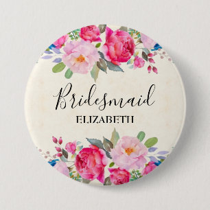 Pretty Pink Rose and Peony Border Bridesmaid 7.5 Cm Round Badge