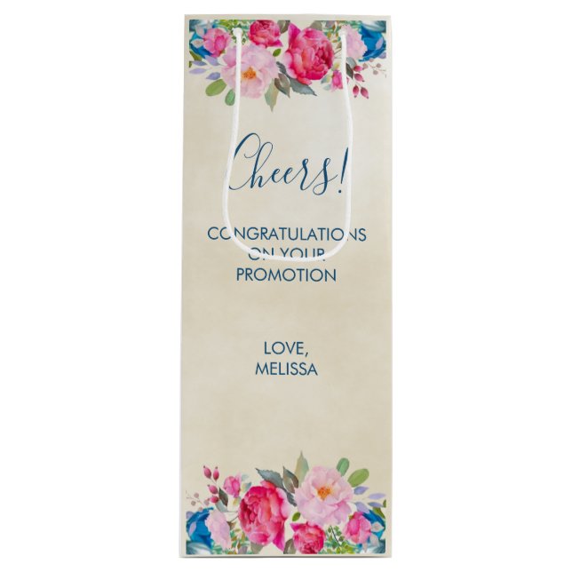 Pretty Pink Rose and Peony Border Cheers! Wine Gift Bag (Front)