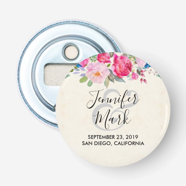 Pretty Pink Rose and Peony Border Wedding Bottle Opener (Front)