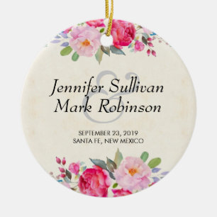 Pretty Pink Rose and Peony Border Wedding Ceramic Tree Decoration