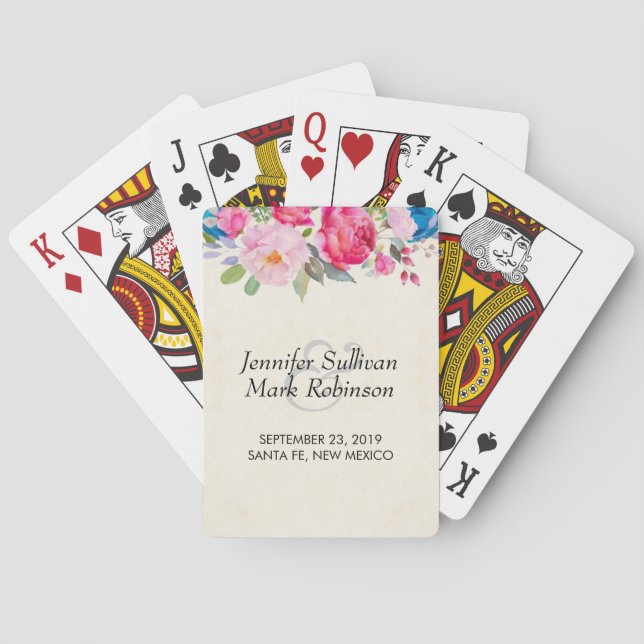 Pretty Pink Rose and Peony Border Wedding Playing Cards (Back)