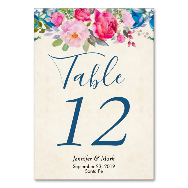 Pretty Pink Rose and Peony Border Wedding Table Number (Front)