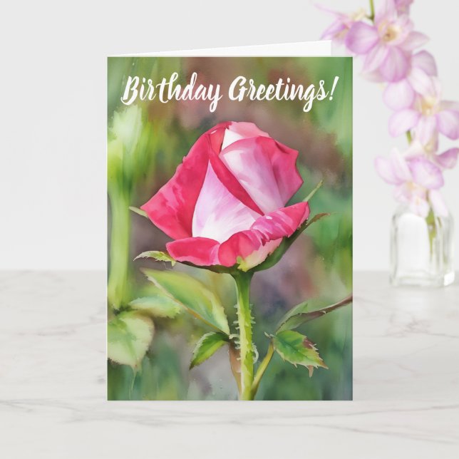 Pretty Pink Rose Bud Flower Art Birthday Card (Orchid)