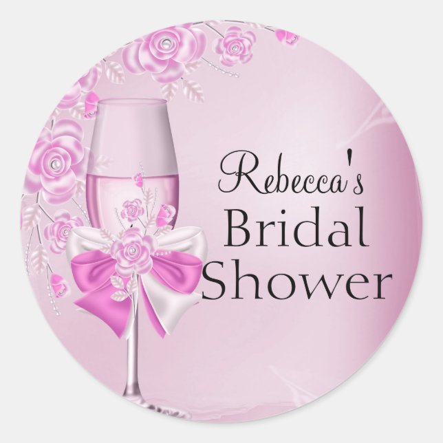 Pretty Pink Rose & Champagne Bridal Shower Sticker (Front)