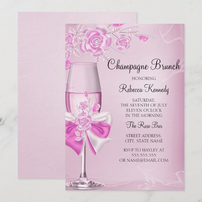 Pretty Pink Rose Champagne Brunch Invitation (Front/Back)
