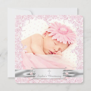 Pretty Pink Rose Christening Invitation