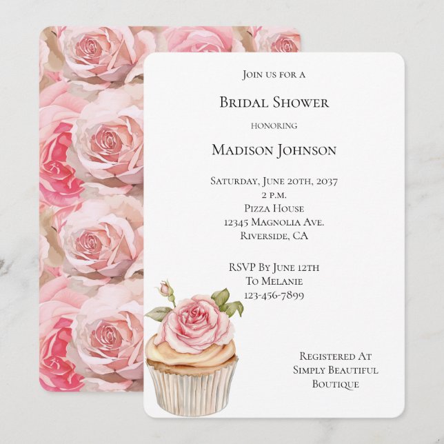 Pretty Pink Rose Cupcake Bridal Shower Invitation (Front/Back)