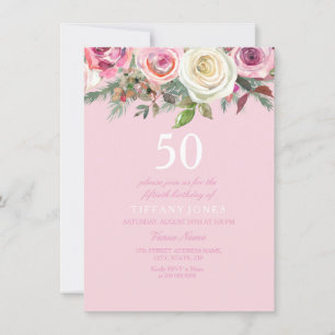 Pretty Pink Rose Floral 50th Birthday Invite
