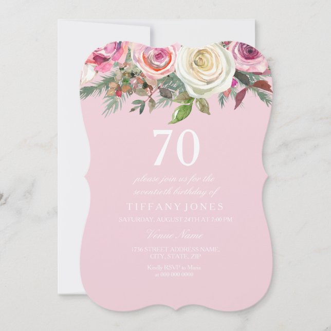 Pretty Pink Rose Floral 70th Birthday Felt Invite (Front)