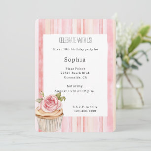 Pretty Pink Rose Floral Cupcake Birthday   Invitation