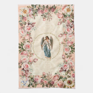 Pretty Pink Rose Floral Guardian Angel Tea Towel