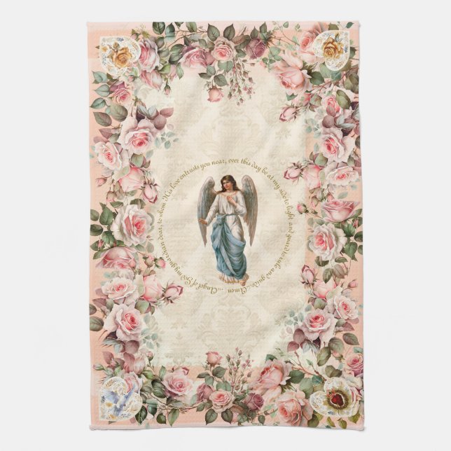 Pretty Pink Rose Floral Guardian Angel Tea Towel (Vertical)