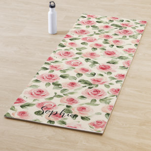 Pretty Pink Rose Floral Yoga Mat
