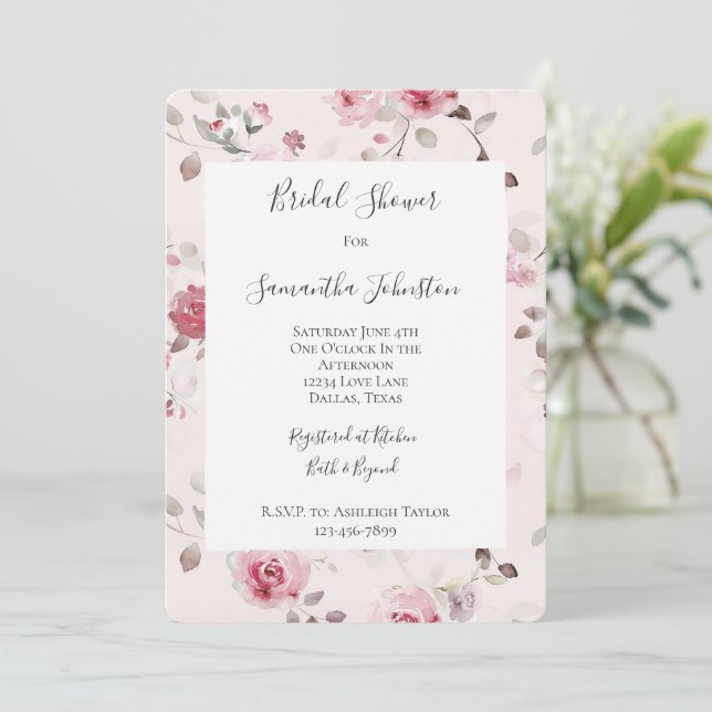 Pretty Pink Rose Garden Floral Bridal Shower Invitation (Standing Front)