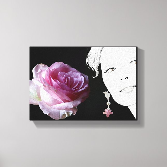 Pretty pink rose girl face fashion illustration canvas print (Front)