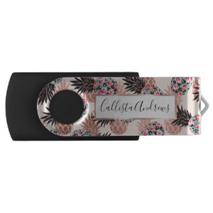 Pretty Pink Rose Gold Floral Pineapple Fruit USB Flash Drive