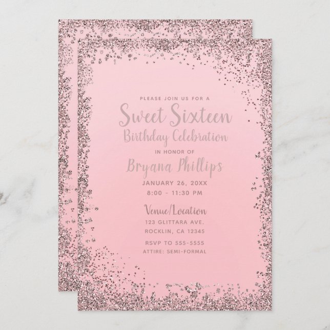 Pretty Pink Rose Gold Glitter Edge Sweet 16 Party Invitation (Front/Back)