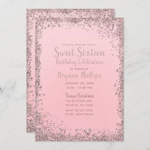 Pretty Pink Rose Gold Glitter Edge Sweet 16 Party Invitation