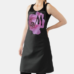 Pretty pink rose M monogram customizable floral  Apron