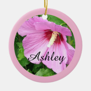 Pretty Pink Rose of Sharon Photo Personalised Ceramic Tree Decoration