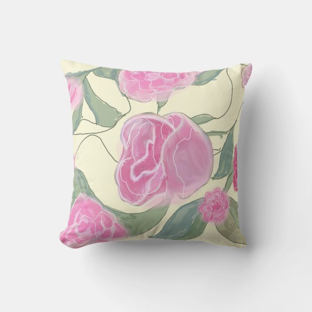 Pretty Pink Rose Pattern Digital Watercolor Cushion (Front)