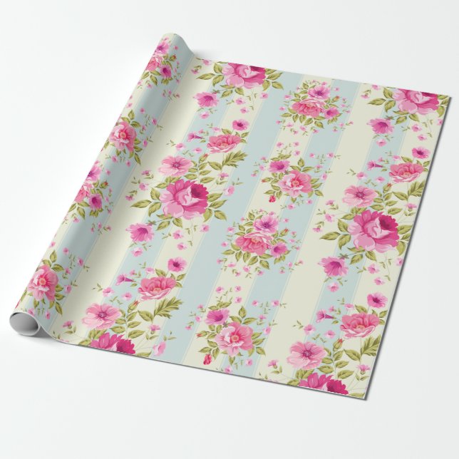 Pretty Pink Rose Pattern Wrapping Paper (Unrolled)