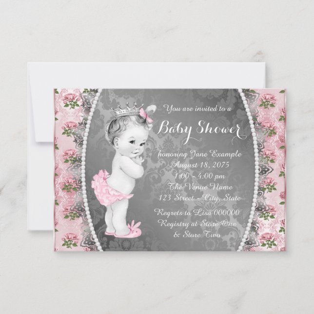 Pretty Pink Rose Pink and Grey Baby Shower Invitation (Front)