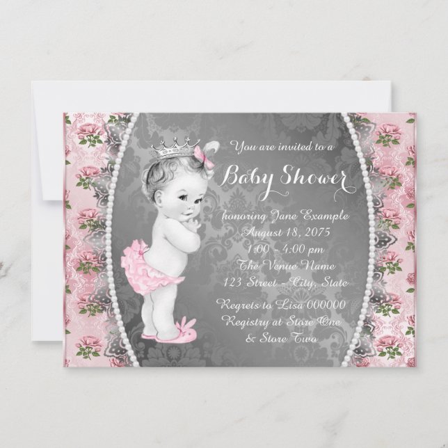 Pretty Pink Rose Pink and Grey Baby Shower Invitation (Front)